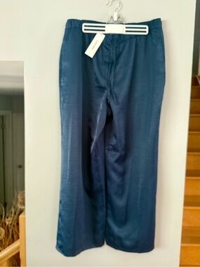 Calvin Klein Shiny Satin Wide Leg Drawstring Pull On Pants Navy Blue XL